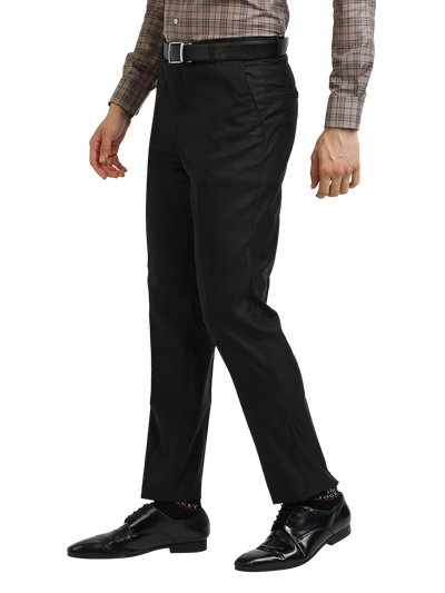 Model wearing Clarke Gable's Black Sharp Fit Trousers in a casual setting