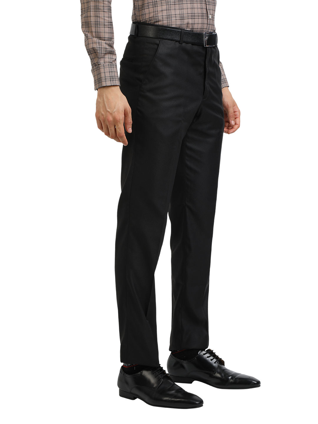 Model wearing Clarke Gable's Black Sharp Fit Trousers in a casual setting