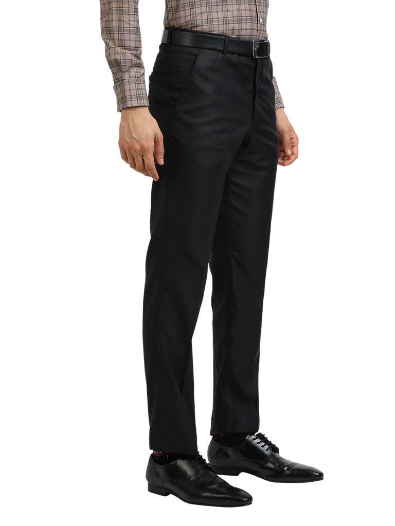 Model wearing Clarke Gable's Black Sharp Fit Trousers in a casual setting