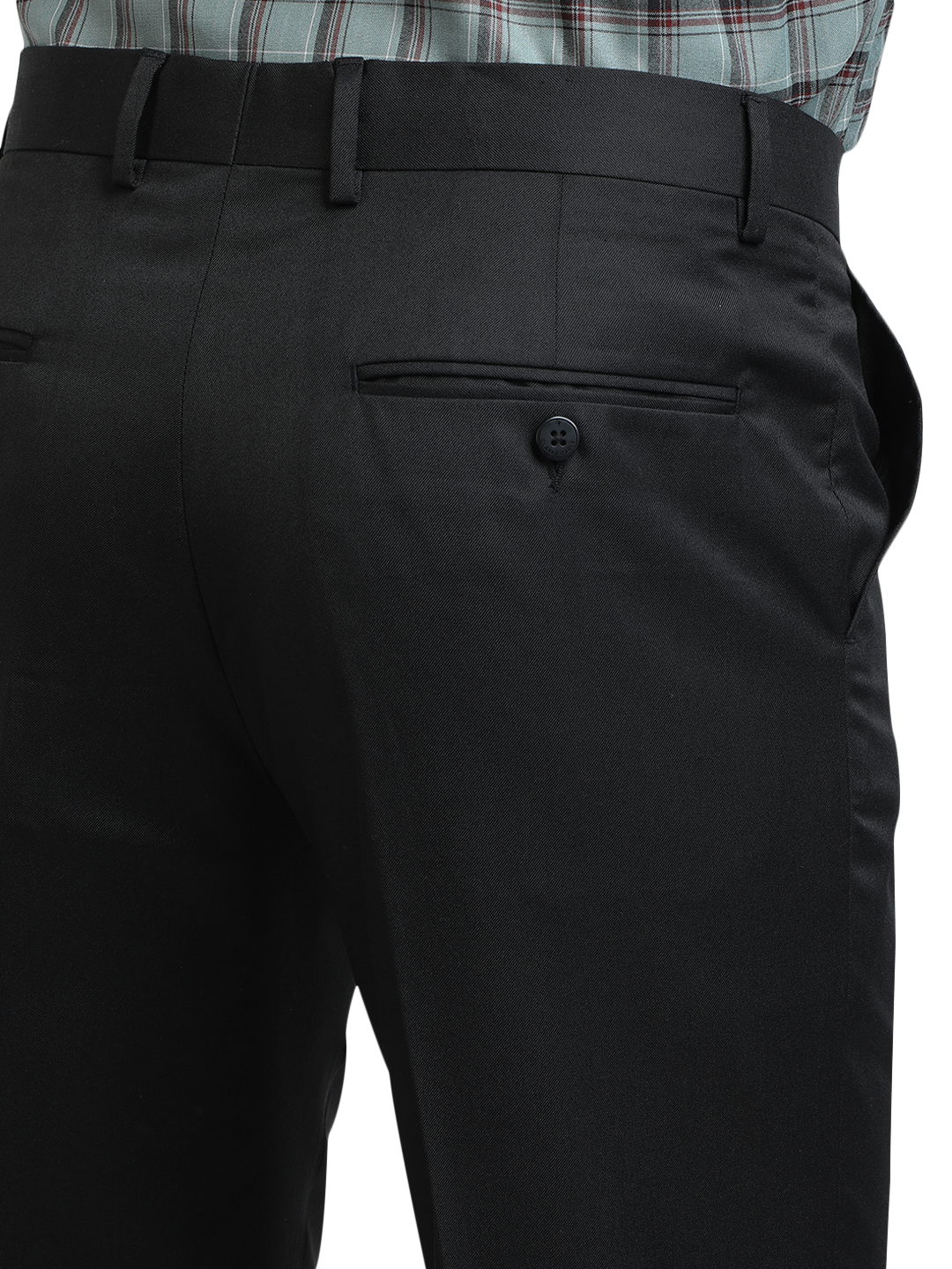 Model wearing Clarke Gable's Black Smart Fit Trousers in a casual setting