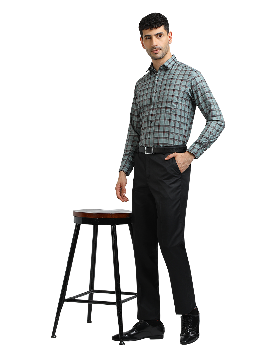 Model wearing Clarke Gable's Black Smart Fit Trousers in a casual setting