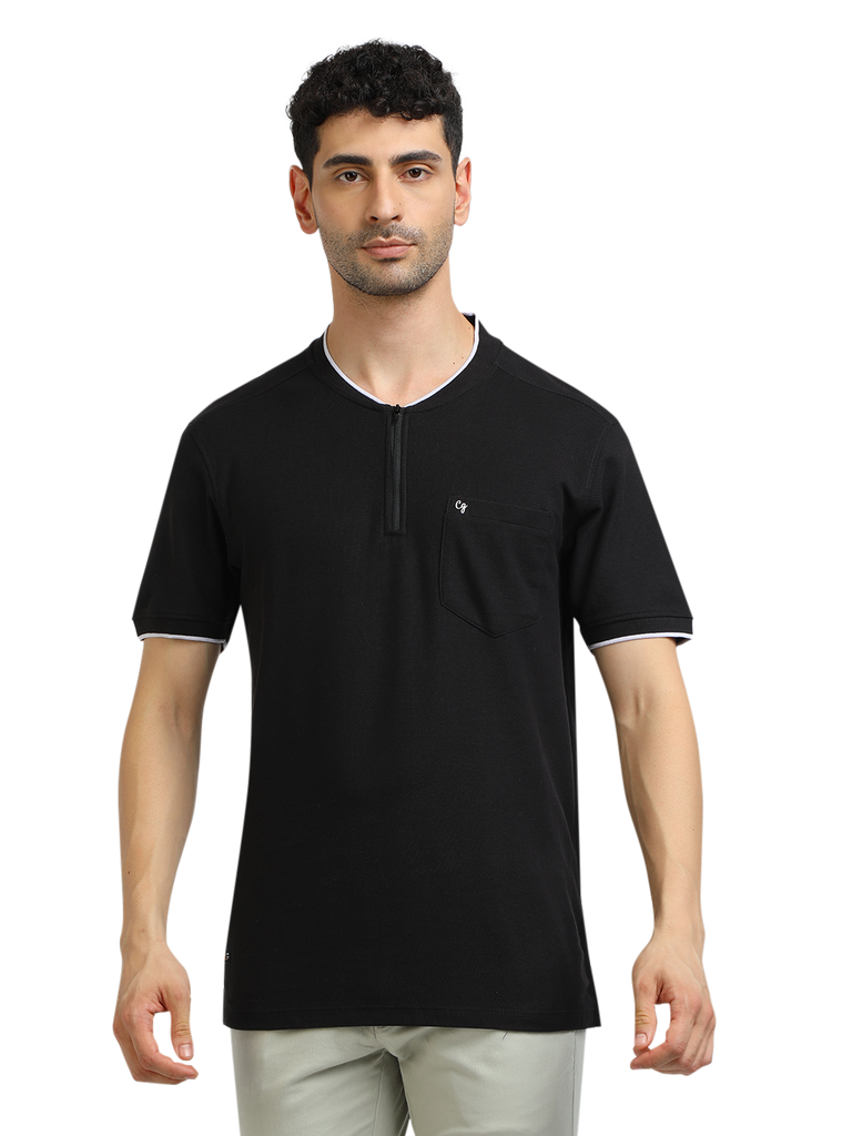 Model wearing Clarke Gable's Black Solid Henley Neck T-Shirt in a casual setting