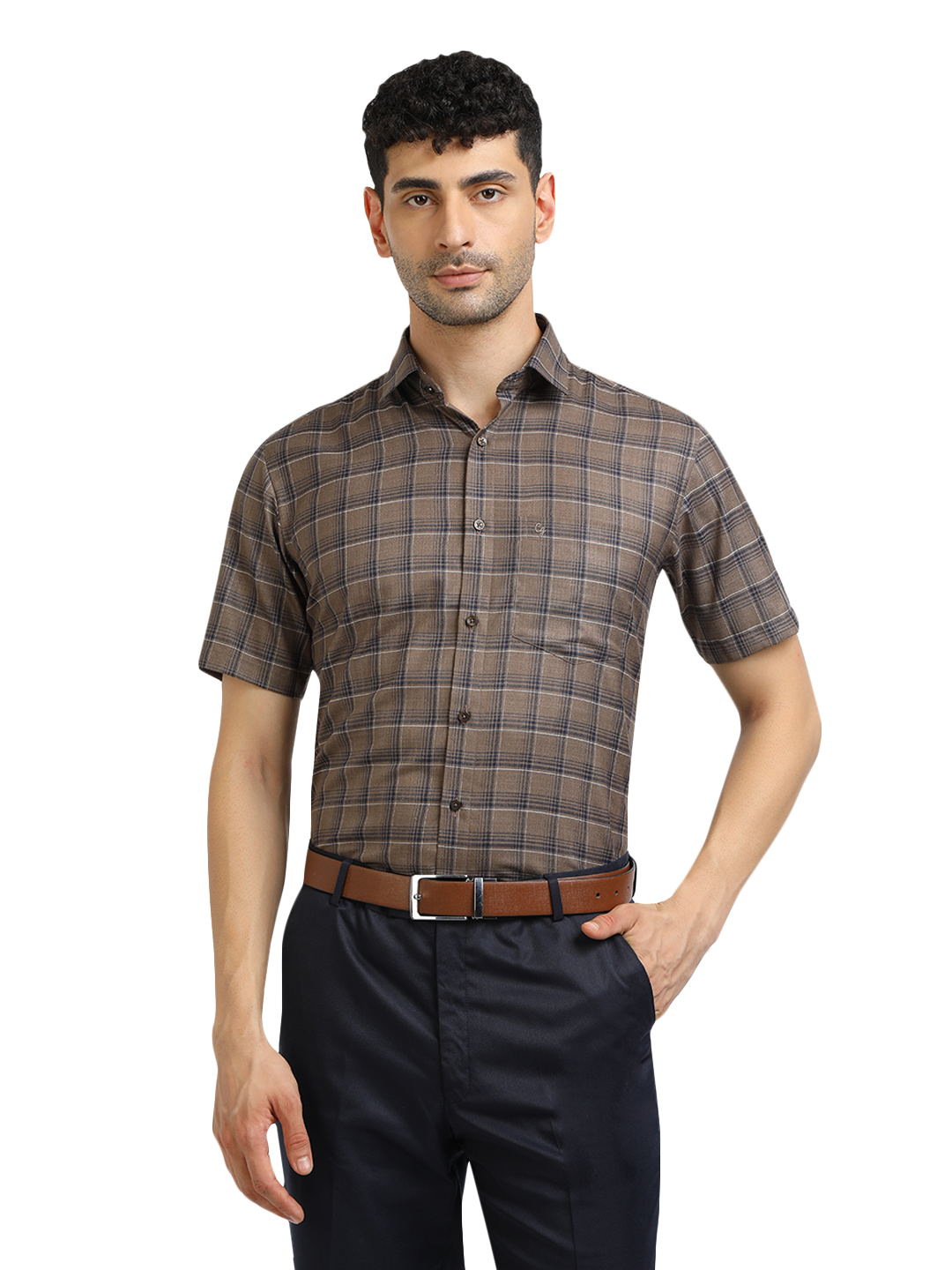 Model wearing Clarke Gable's Black With Brown Checked Formal Shirt in a casual setting