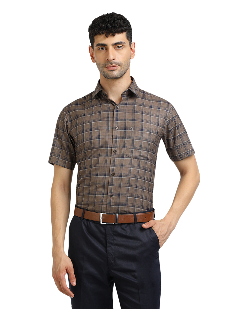 Model wearing Clarke Gable's Black With Brown Checked Formal Shirt in a casual setting