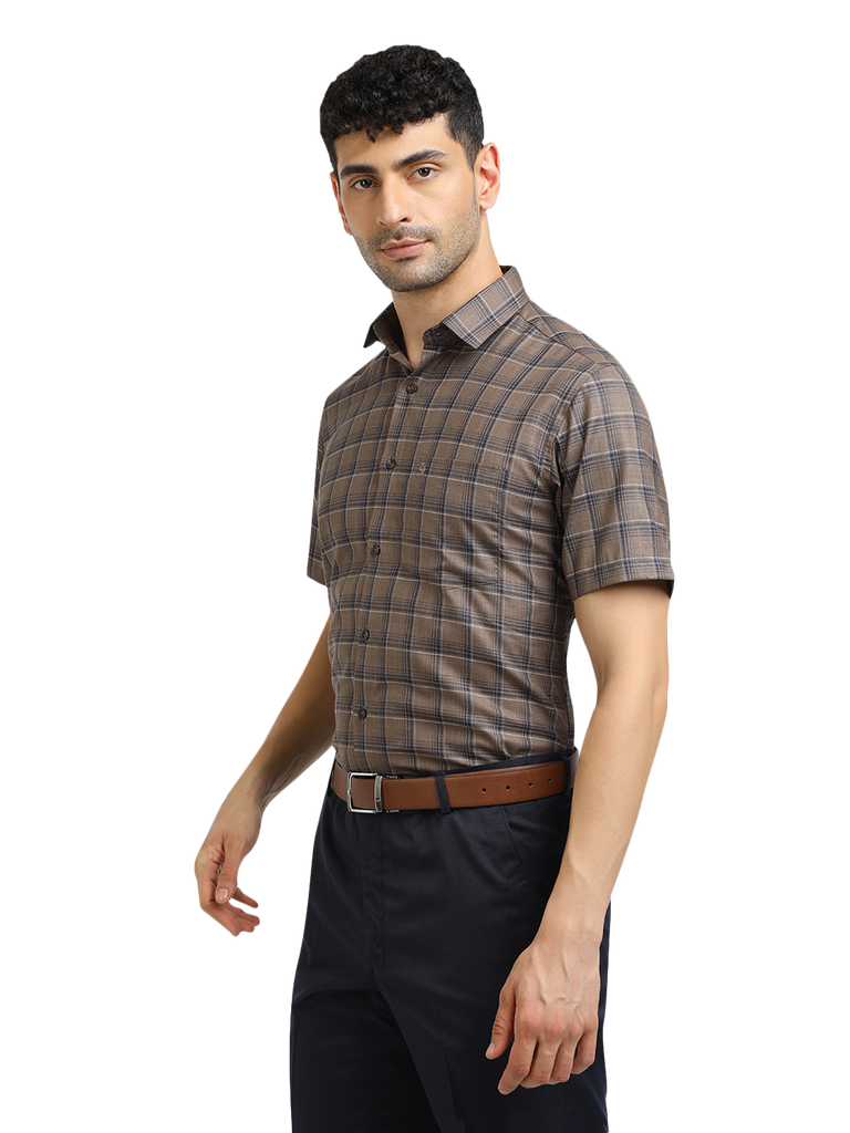 Model wearing Clarke Gable's Black With Brown Checked Formal Shirt in a casual setting