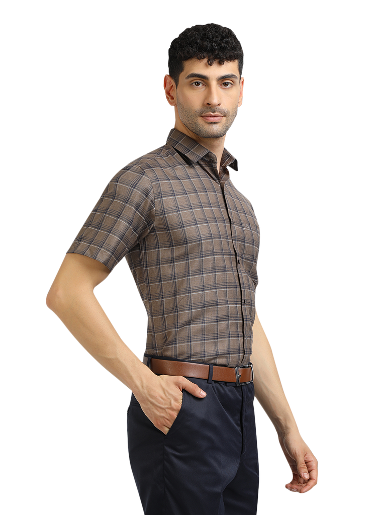 Model wearing Clarke Gable's Black With Brown Checked Formal Shirt in a casual setting