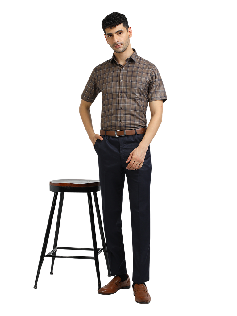 Model wearing Clarke Gable's Black With Brown Checked Formal Shirt in a casual setting