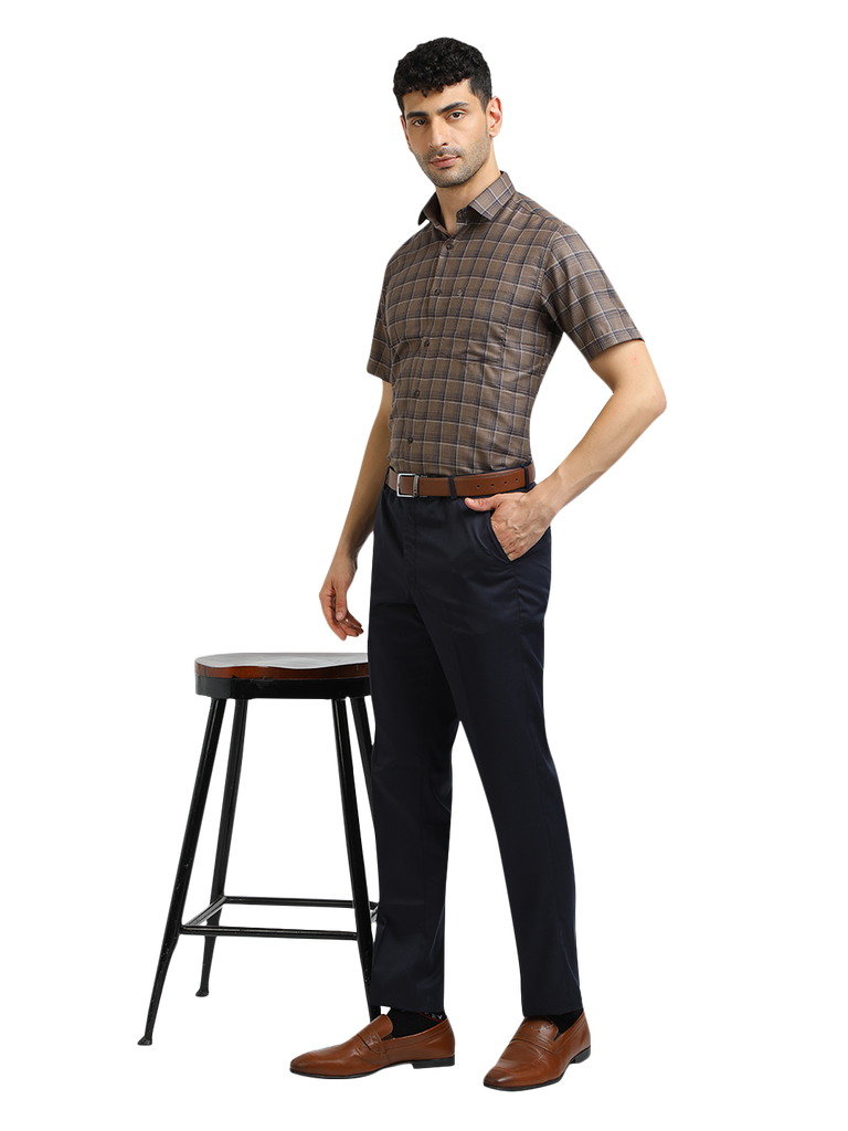 Model wearing Clarke Gable's Black With Brown Checked Formal Shirt in a casual setting