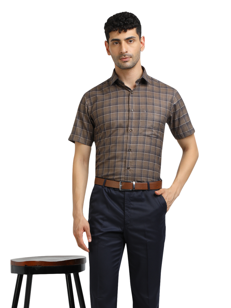 Model wearing Clarke Gable's Black With Brown Checked Formal Shirt in a casual setting