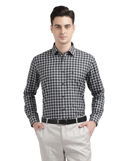 Model wearing Clarke Gable's Black With Light Grey Checked Formal Shirt in a casual setting