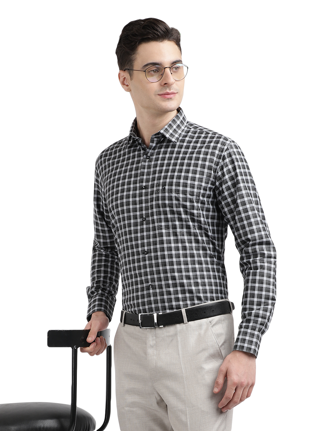 Model wearing Clarke Gable's Black With Light Grey Checked Formal Shirt in a casual setting