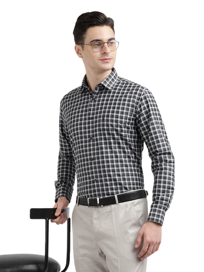 Model wearing Clarke Gable's Black With Light Grey Checked Formal Shirt in a casual setting