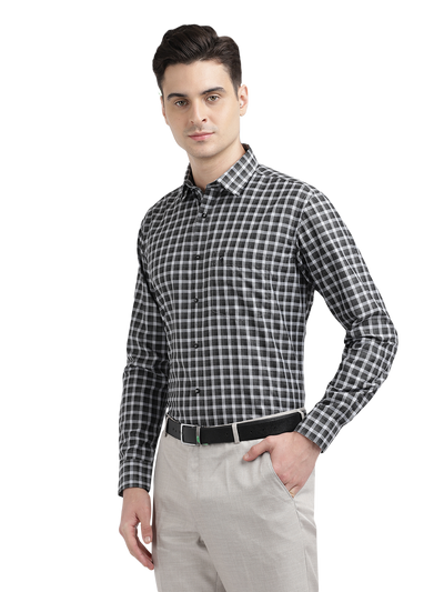 Model wearing Clarke Gable's Black With Light Grey Checked Formal Shirt in a casual setting