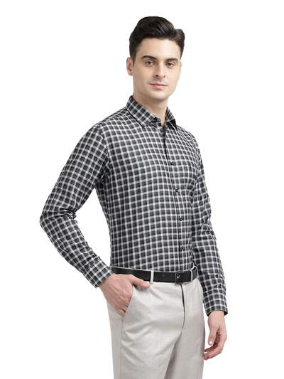 Model wearing Clarke Gable's Black With Light Grey Checked Formal Shirt in a casual setting