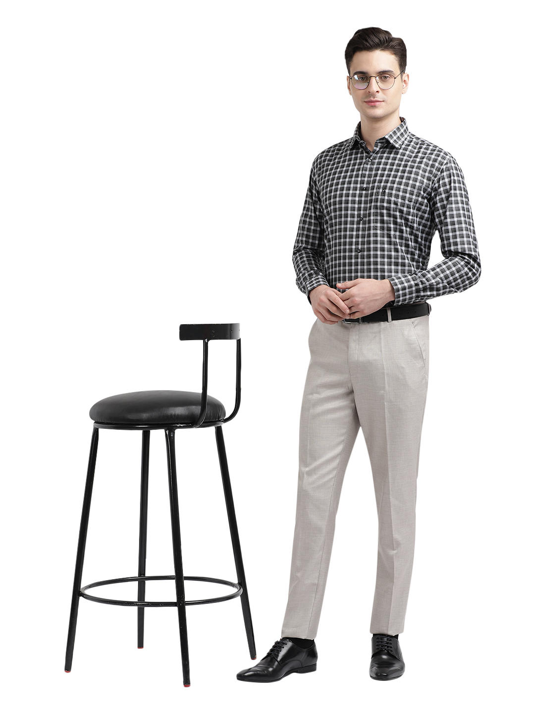 Model wearing Clarke Gable's Black With Light Grey Checked Formal Shirt in a casual setting