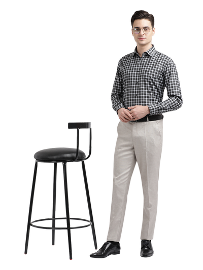 Model wearing Clarke Gable's Black With Light Grey Checked Formal Shirt in a casual setting