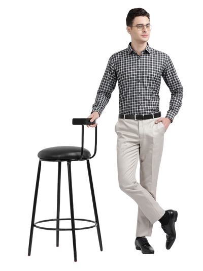 Model wearing Clarke Gable's Black With Light Grey Checked Formal Shirt in a casual setting