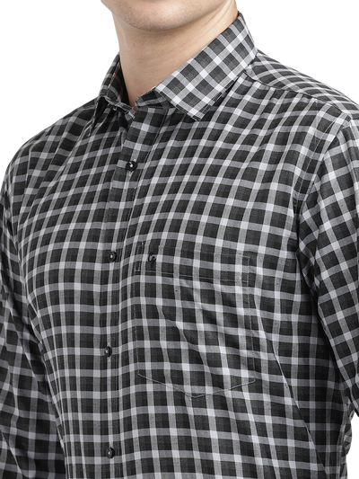 Model wearing Clarke Gable's Black With Light Grey Checked Formal Shirt in a casual setting