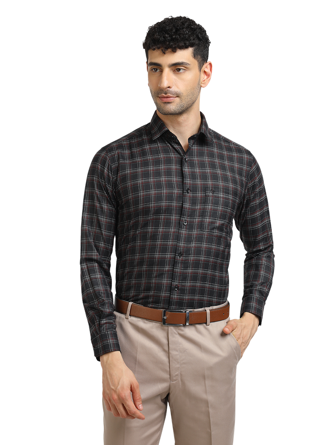 Model wearing Clarke Gable's Black With Maroon Checked Formal Shirt in a casual setting