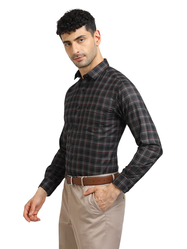 Model wearing Clarke Gable's Black With Maroon Checked Formal Shirt in a casual setting