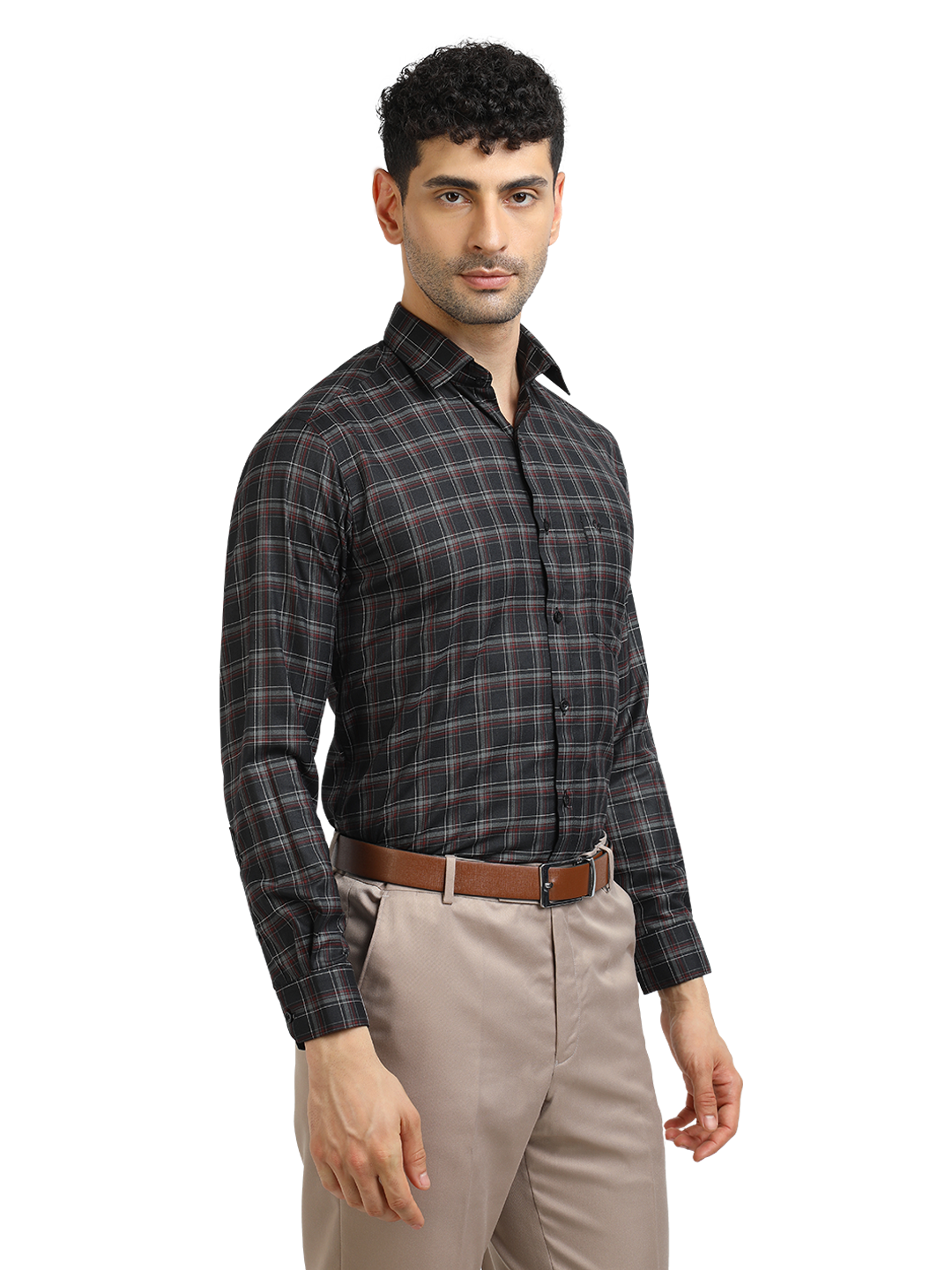 Model wearing Clarke Gable's Black With Maroon Checked Formal Shirt in a casual setting