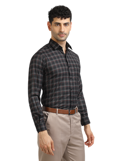 Model wearing Clarke Gable's Black With Maroon Checked Formal Shirt in a casual setting