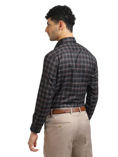 Model wearing Clarke Gable's Black With Maroon Checked Formal Shirt in a casual setting