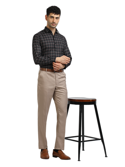 Model wearing Clarke Gable's Black With Maroon Checked Formal Shirt in a casual setting