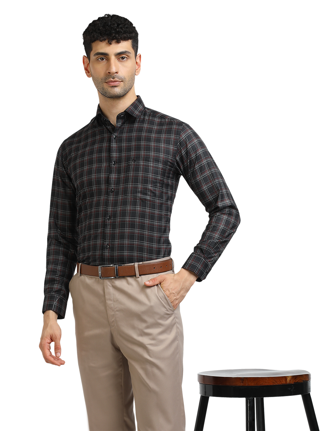 Model wearing Clarke Gable's Black With Maroon Checked Formal Shirt in a casual setting