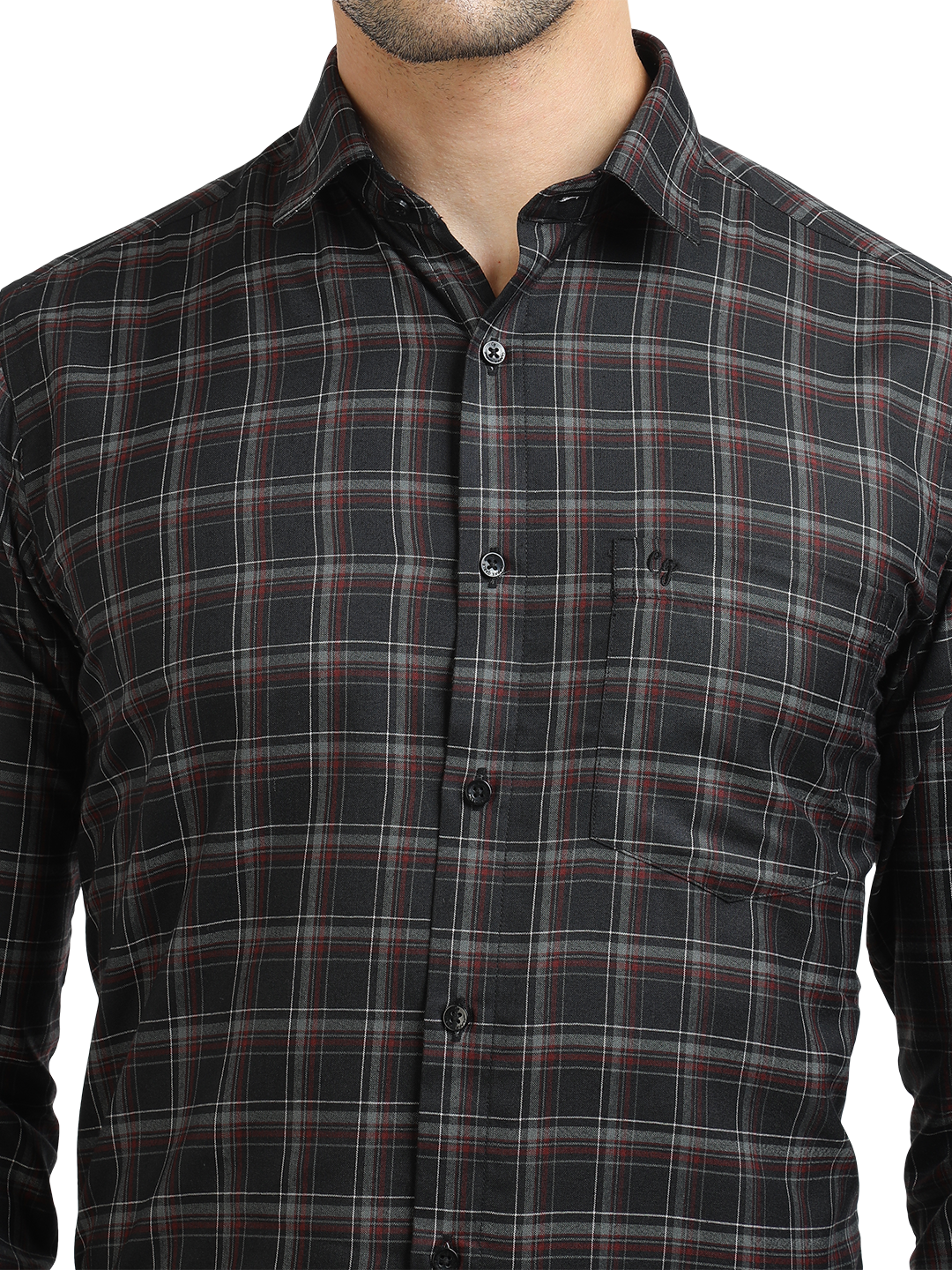 Model wearing Clarke Gable's Black With Maroon Checked Formal Shirt in a casual setting