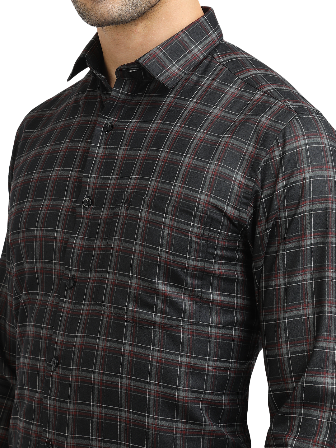 Model wearing Clarke Gable's Black With Maroon Checked Formal Shirt in a casual setting