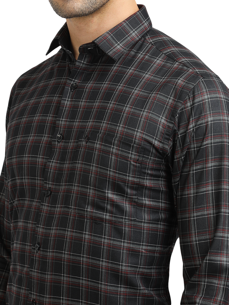 Model wearing Clarke Gable's Black With Maroon Checked Formal Shirt in a casual setting