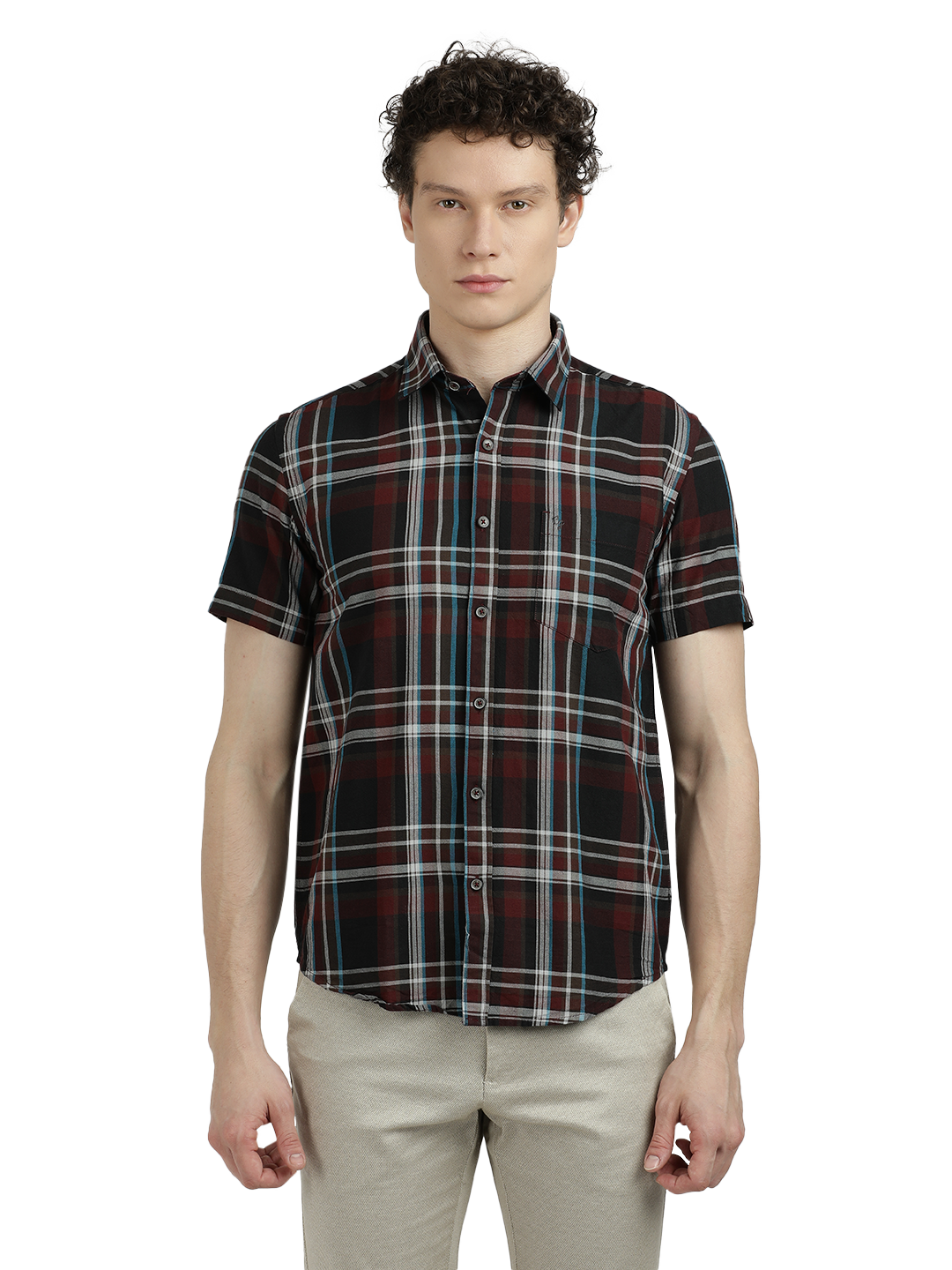 Model wearing Clarke Gable's Black With Maroon Checked Semi Casual Shirt in a casual setting