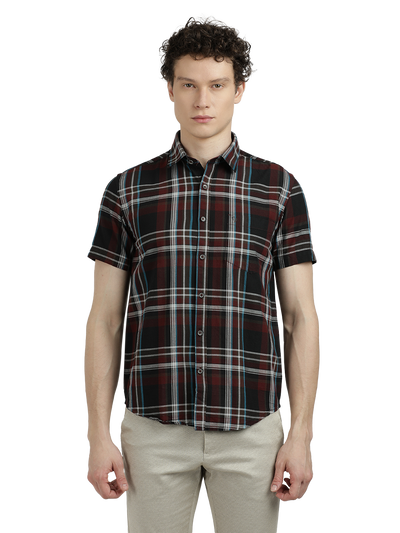 Model wearing Clarke Gable's Black With Maroon Checked Semi Casual Shirt in a casual setting