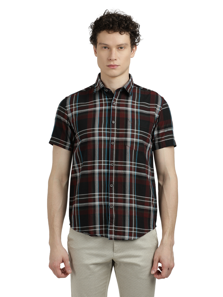 Model wearing Clarke Gable's Black With Maroon Checked Semi Casual Shirt in a casual setting