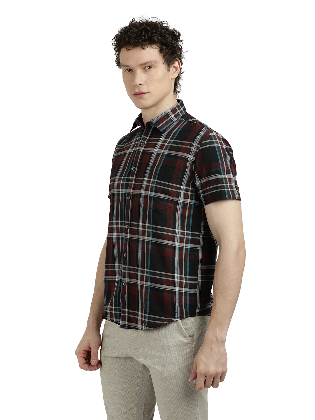Model wearing Clarke Gable's Black With Maroon Checked Semi Casual Shirt in a casual setting