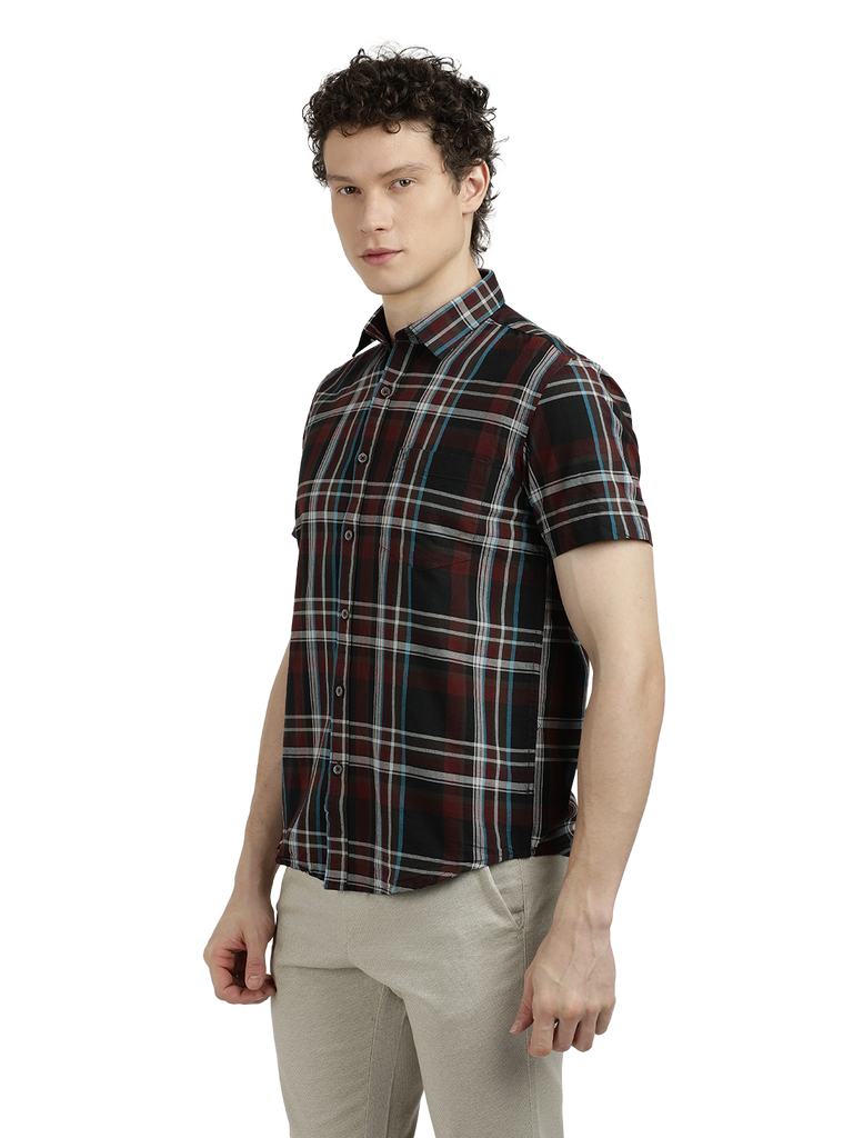 Model wearing Clarke Gable's Black With Maroon Checked Semi Casual Shirt in a casual setting