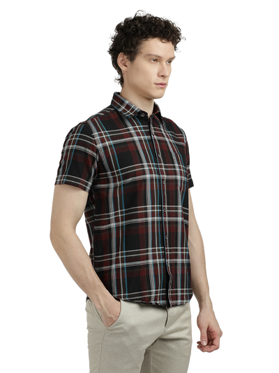 Model wearing Clarke Gable's Black With Maroon Checked Semi Casual Shirt in a casual setting