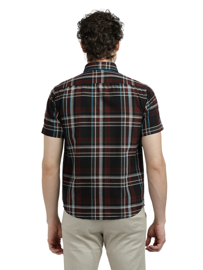 Model wearing Clarke Gable's Black With Maroon Checked Semi Casual Shirt in a casual setting