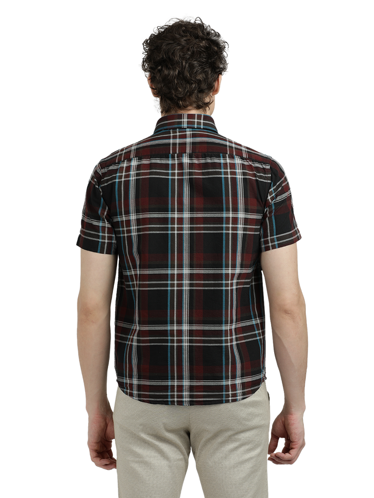 Model wearing Clarke Gable's Black With Maroon Checked Semi Casual Shirt in a casual setting