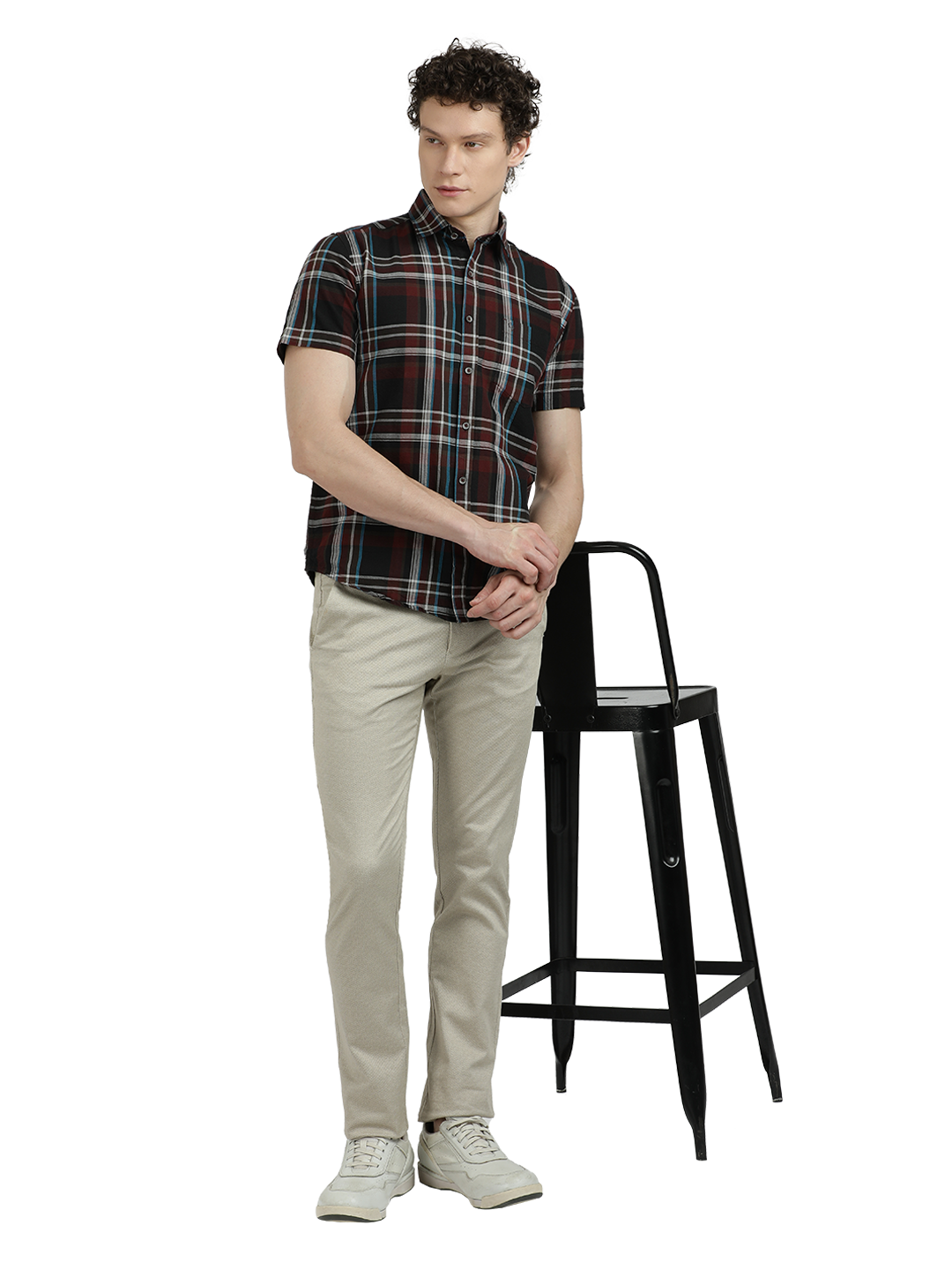 Model wearing Clarke Gable's Black With Maroon Checked Semi Casual Shirt in a casual setting