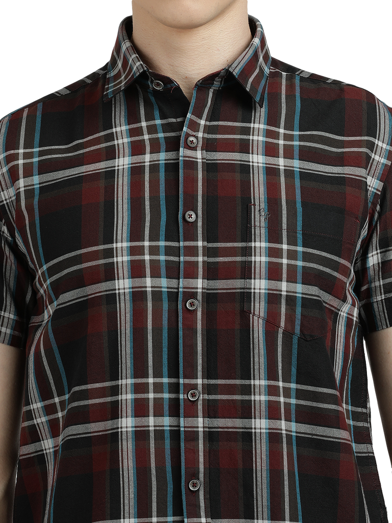 Model wearing Clarke Gable's Black With Maroon Checked Semi Casual Shirt in a casual setting