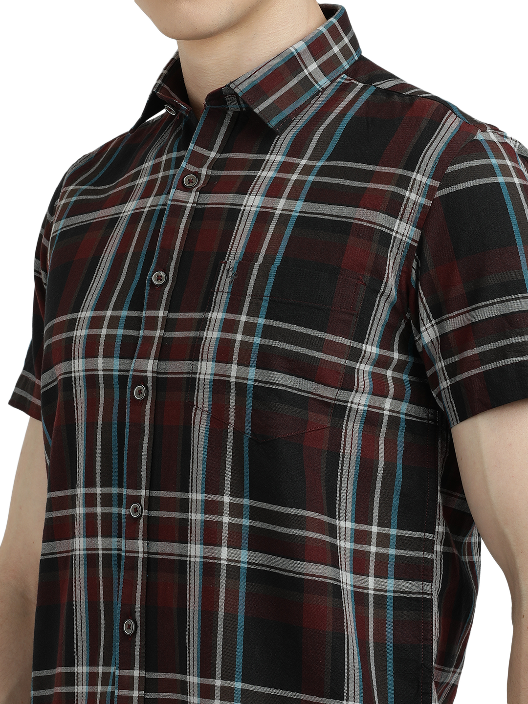 Model wearing Clarke Gable's Black With Maroon Checked Semi Casual Shirt in a casual setting