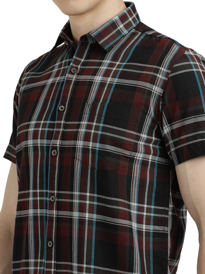 Model wearing Clarke Gable's Black With Maroon Checked Semi Casual Shirt in a casual setting