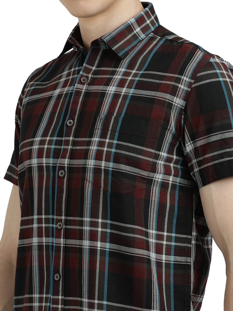 Model wearing Clarke Gable's Black With Maroon Checked Semi Casual Shirt in a casual setting