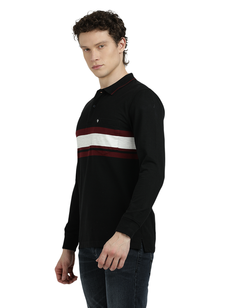 Model wearing Clarke Gable's Black With Maroon Striped Polo Collar T-Shirt in a casual setting