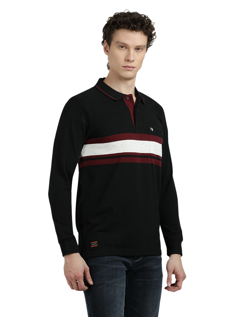 Model wearing Clarke Gable's Black With Maroon Striped Polo Collar T-Shirt in a casual setting