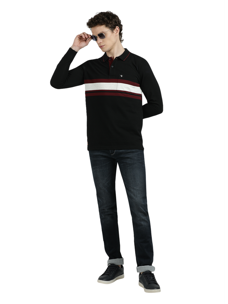 Model wearing Clarke Gable's Black With Maroon Striped Polo Collar T-Shirt in a casual setting