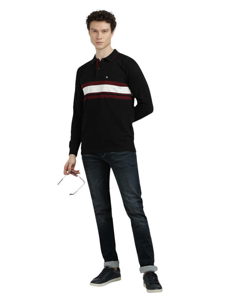 Model wearing Clarke Gable's Black With Maroon Striped Polo Collar T-Shirt in a casual setting