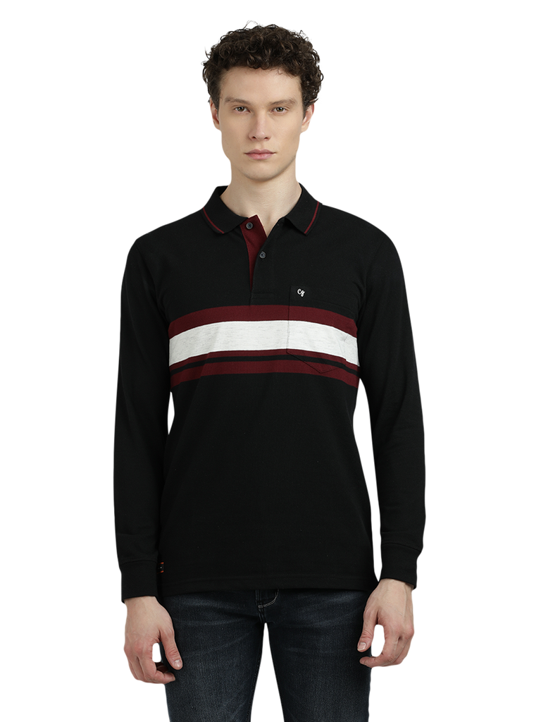 Model wearing Clarke Gable's Black With Maroon Striped Polo Collar T-Shirt in a casual setting